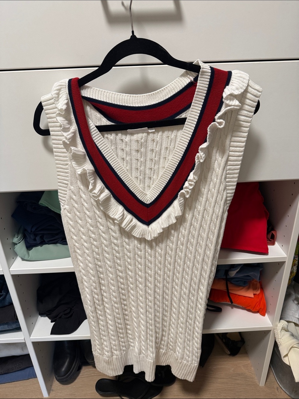 Cream Cable Knit Sleeveless Sweater Vest with Red & Navy Trim